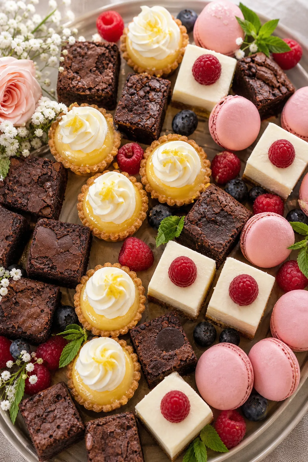 A mixed platter of chocolate brownies, lemon tarts, vanilla cheesecake, and berry macarons.