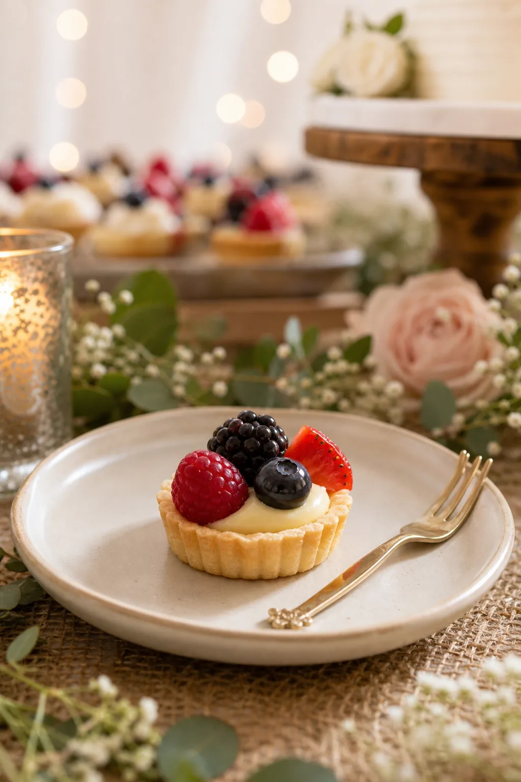 A single bite-sized fruit tart on a small plate with a cocktail fork.