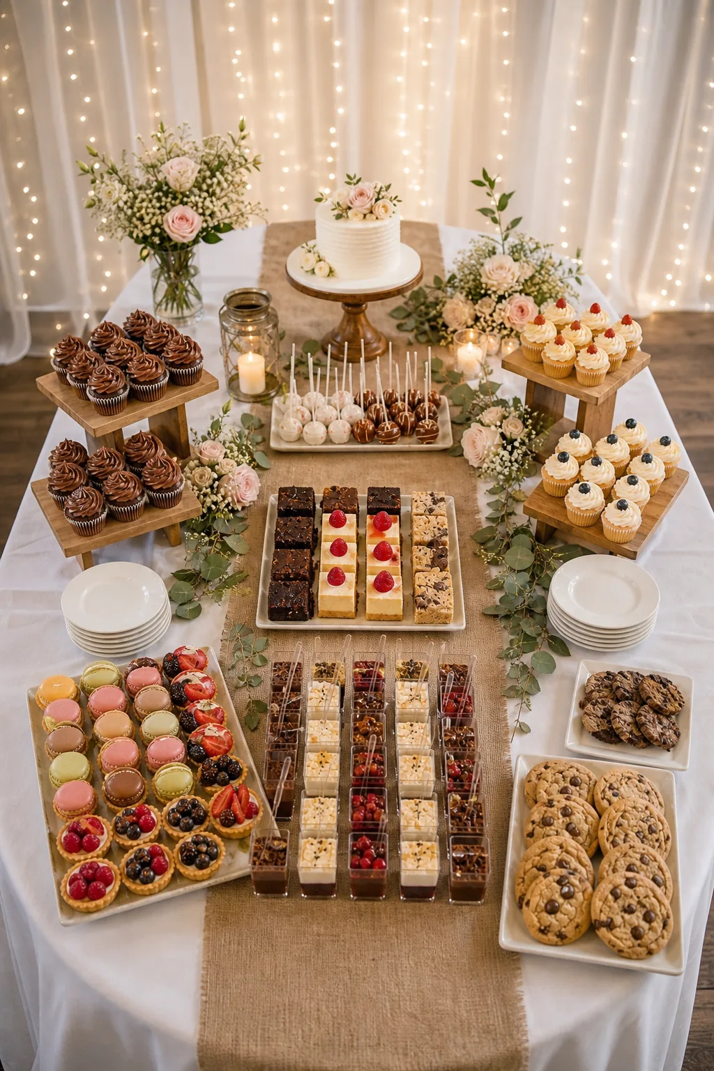 A fully stocked 6-foot wedding dessert table filled with hundreds of mini treats.