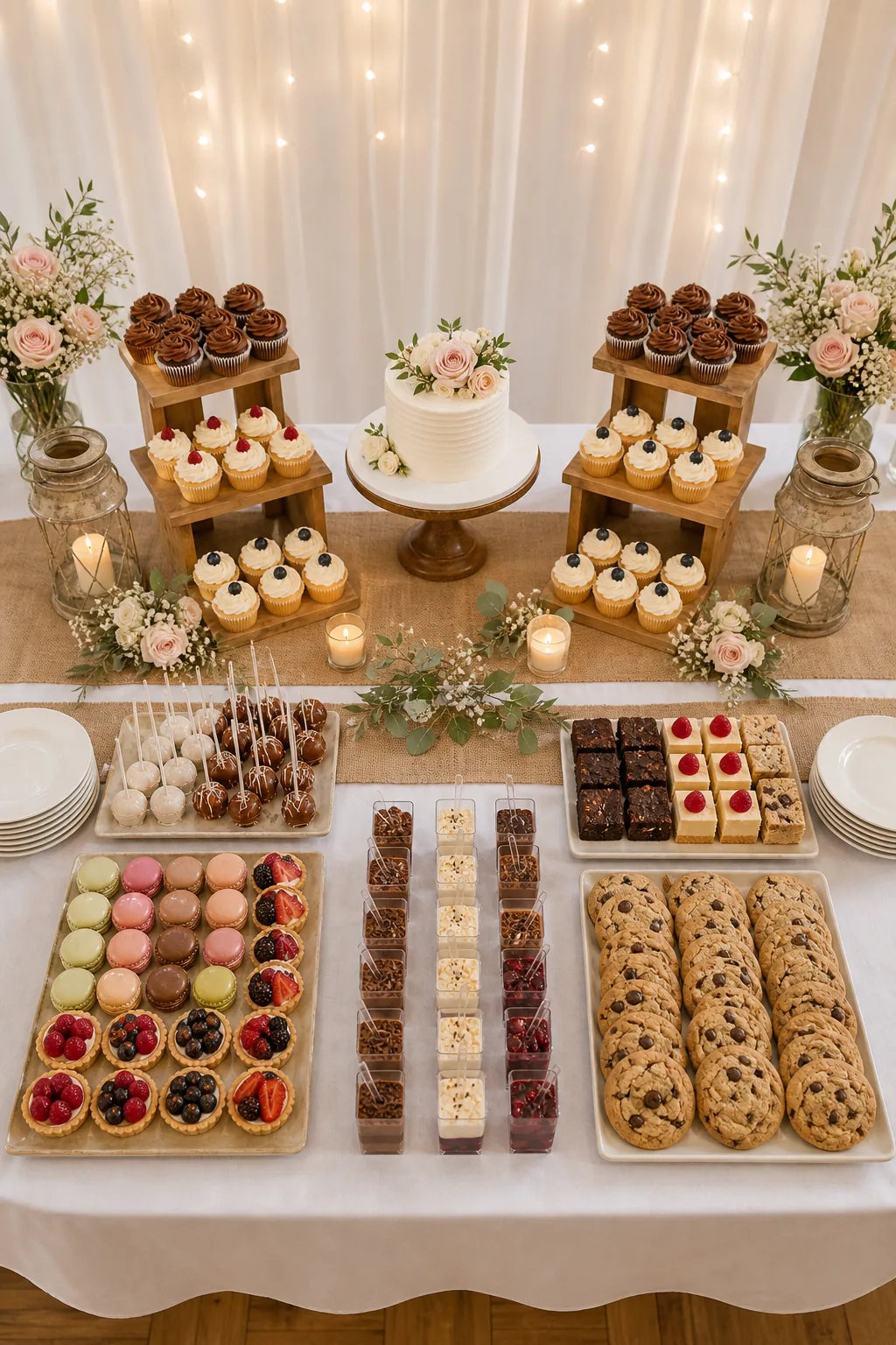 A symmetrical high-angle view of a complete wedding dessert table layout.