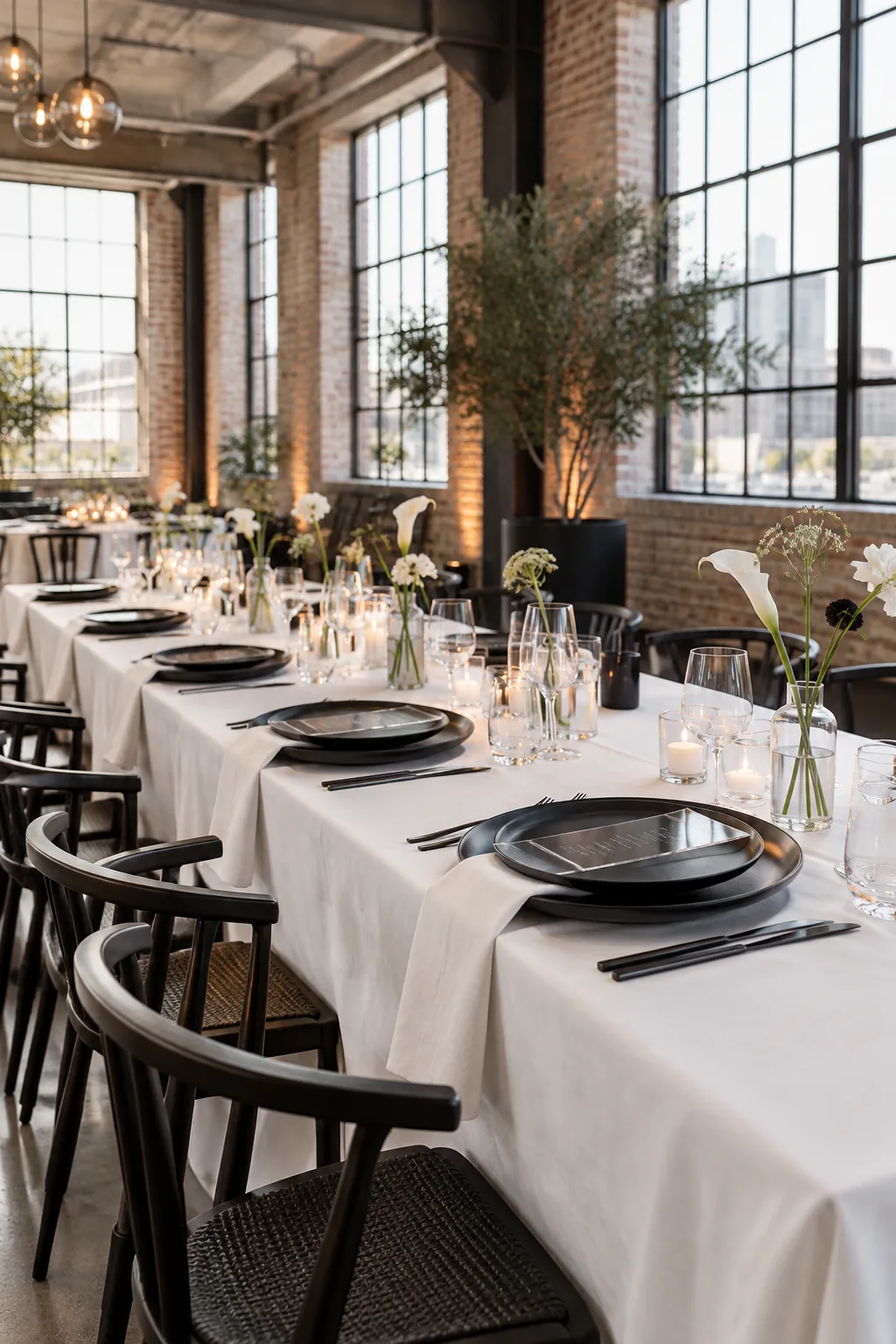 Modern minimalist wedding table with black plates, acrylic menus, and bud vases.