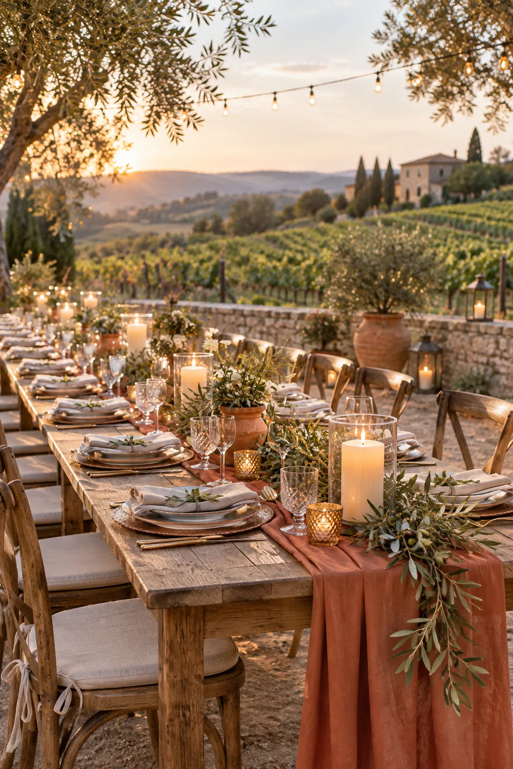 Rustic Tuscan wedding table with raw wood, terracotta runner, and olive branches.