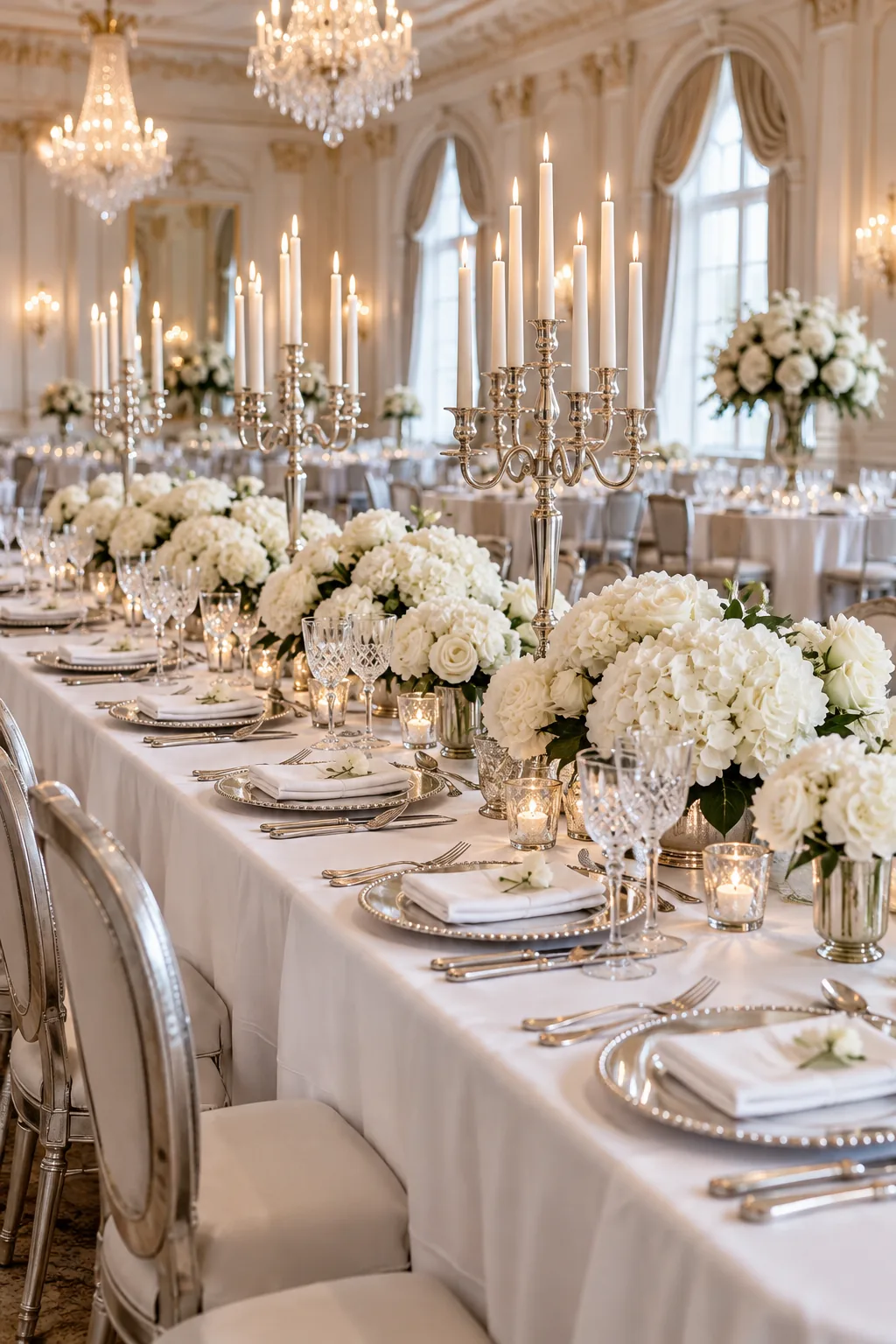 Classic formal wedding table with silver candelabras, white hydrangeas, and crisp linens.