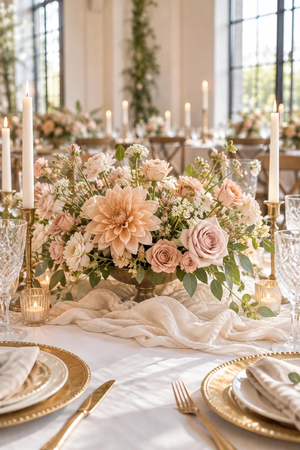 Ivory gauze fabric gathered loosely around the base of a peach floral arrangement.