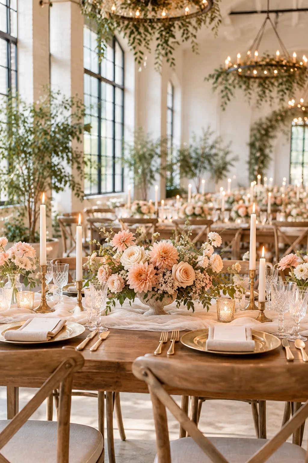Low floral arrangement of peach dahlias and roses viewed from a seated eye level, showing clear space above.
