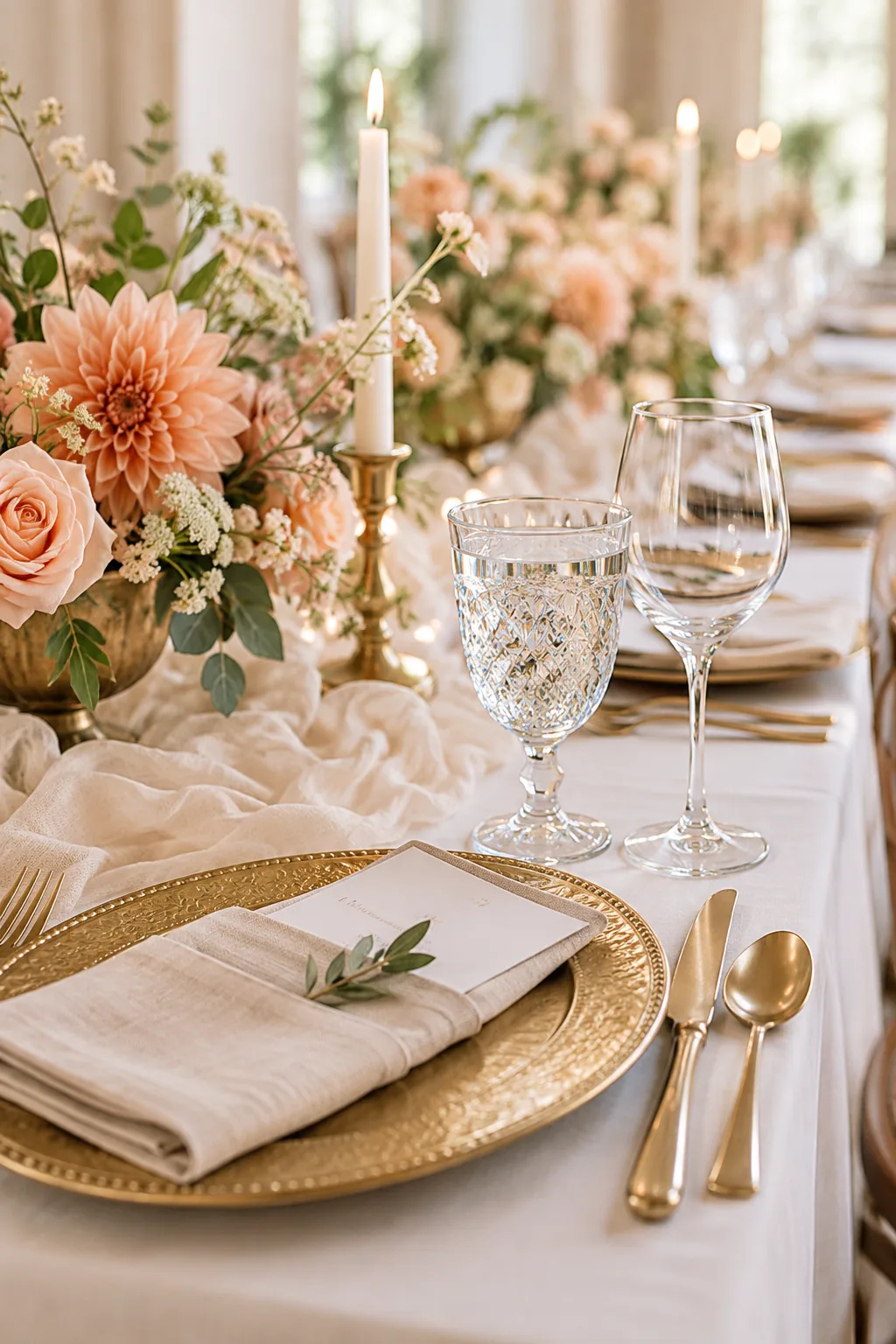 Heavy cardstock menu card tucked into a folded beige linen napkin on a gold plate.
