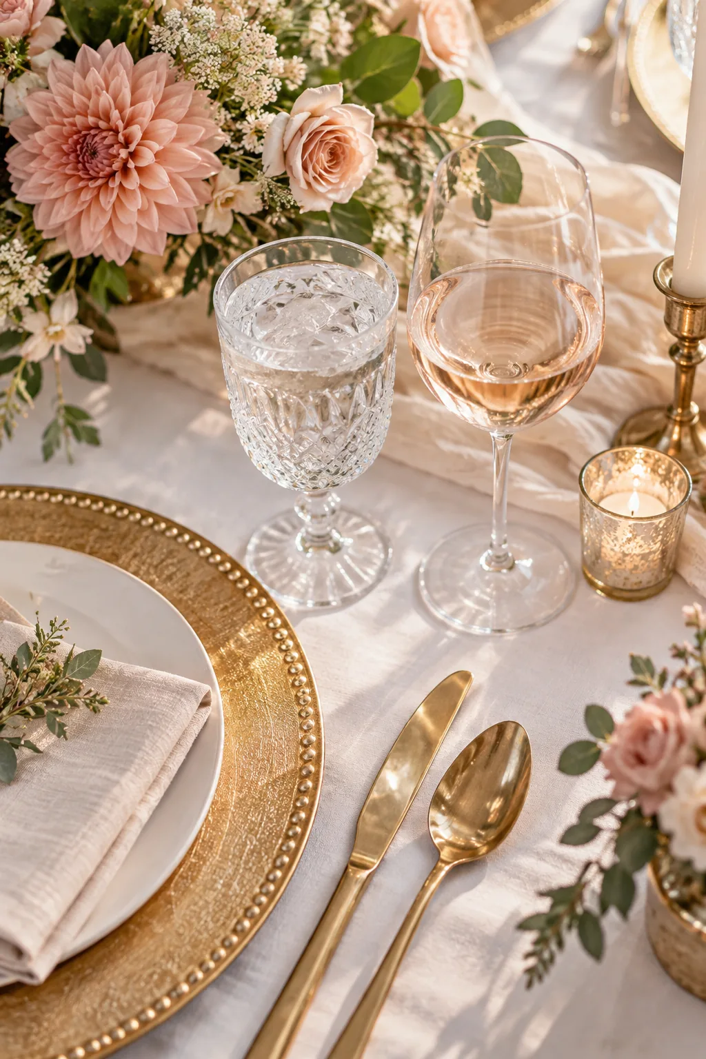 Crystal water goblet and wine glass arranged in a tight triangle above gold flatware.