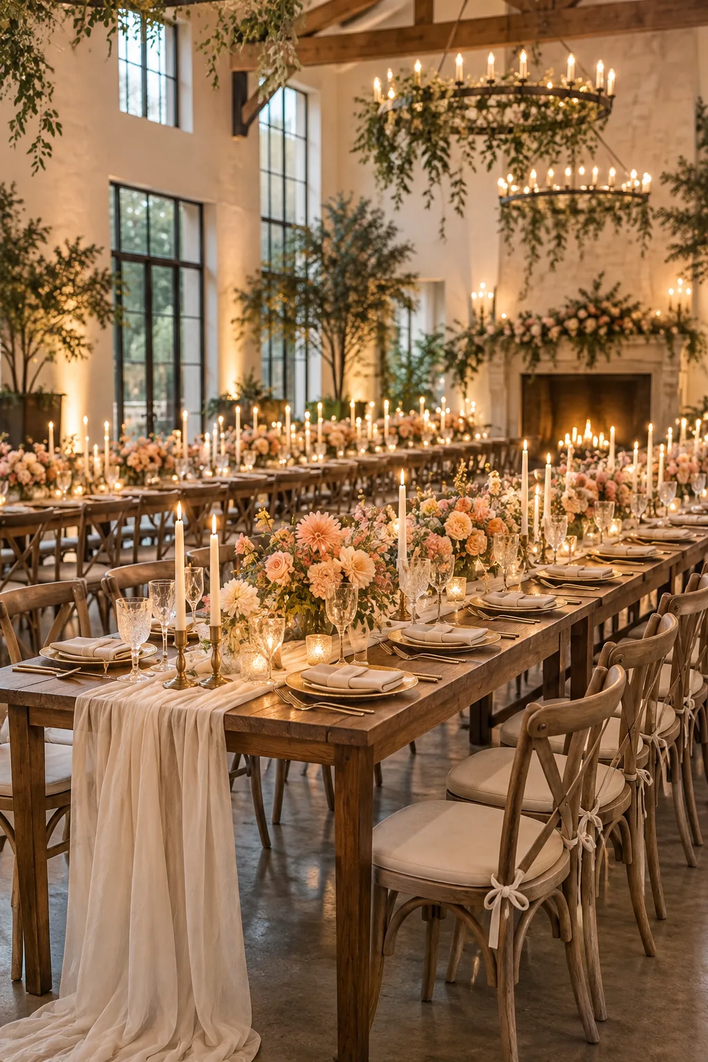 Long wedding reception tables fully set with peach florals, candles, and gold settings in a bright room.