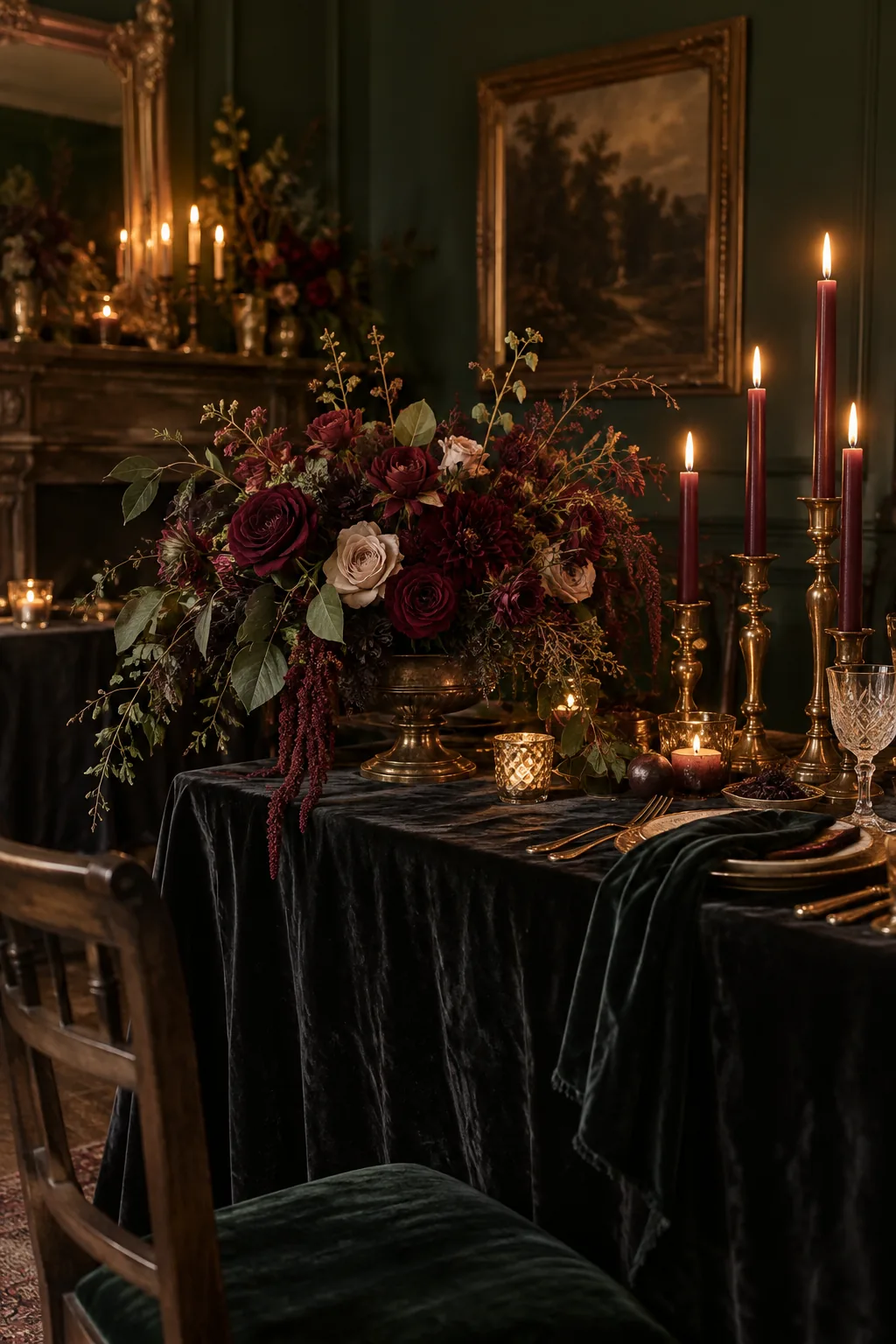 Table setting with black velvet tablecloth and deep burgundy floral centerpieces