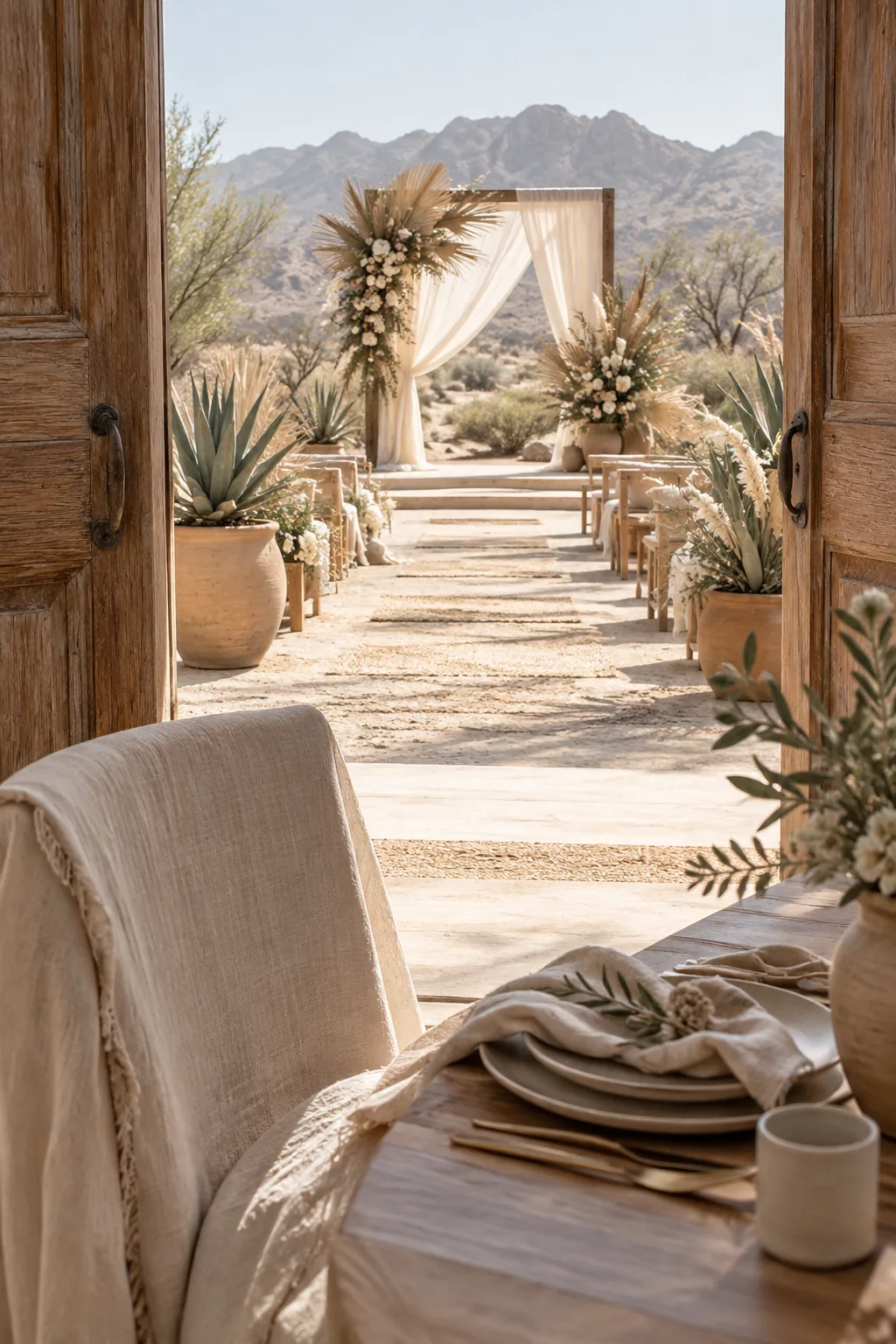 Minimalist wedding altar framed by potted agave and dried palm leaves