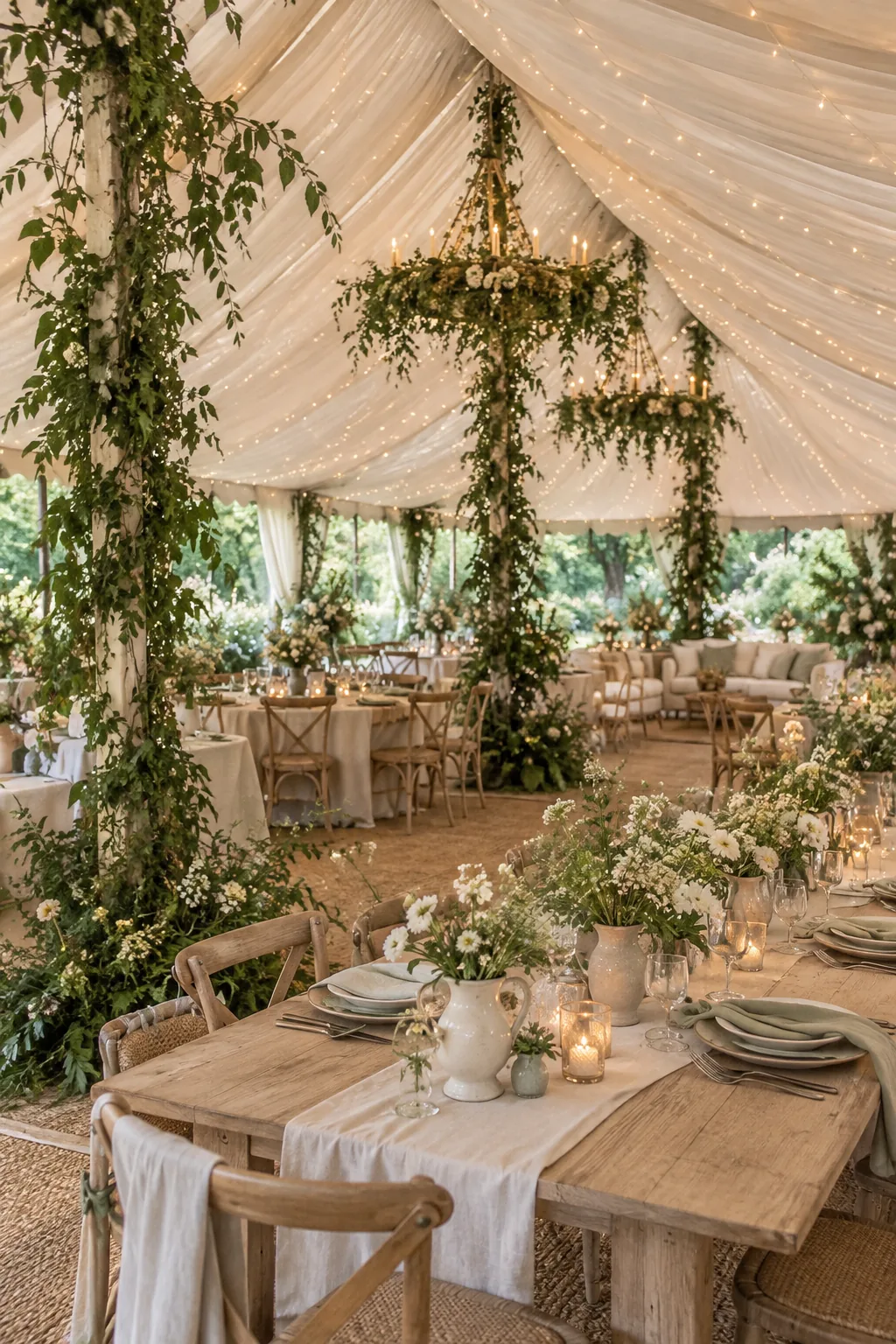 Tent ceiling draped with lush greenery garlands and twinkling fairy lights