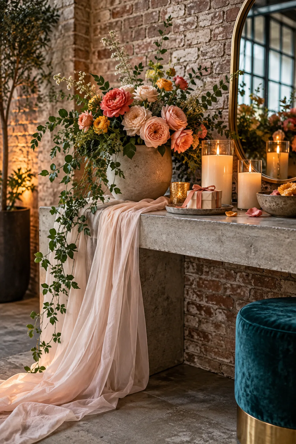 Exposed brick wedding venue with acrylic ghost chairs and geometric copper accents