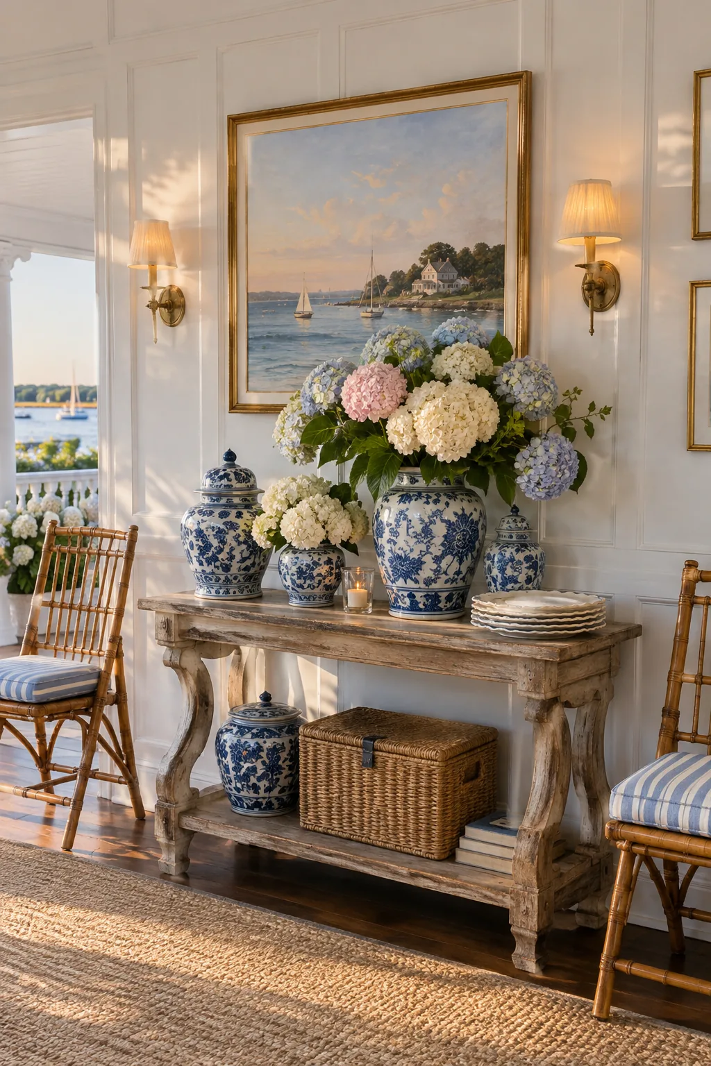 Chinoiserie vases filled with pastel hydrangeas on a scalloped placemat