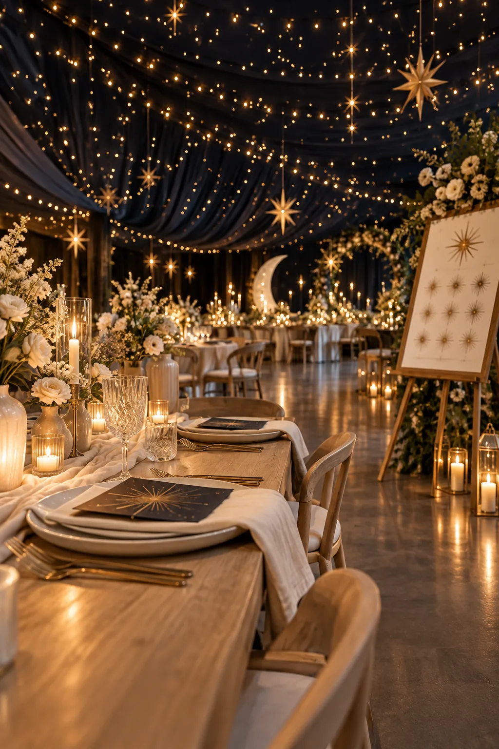 Dark navy wedding ceiling dotted with warm string lights