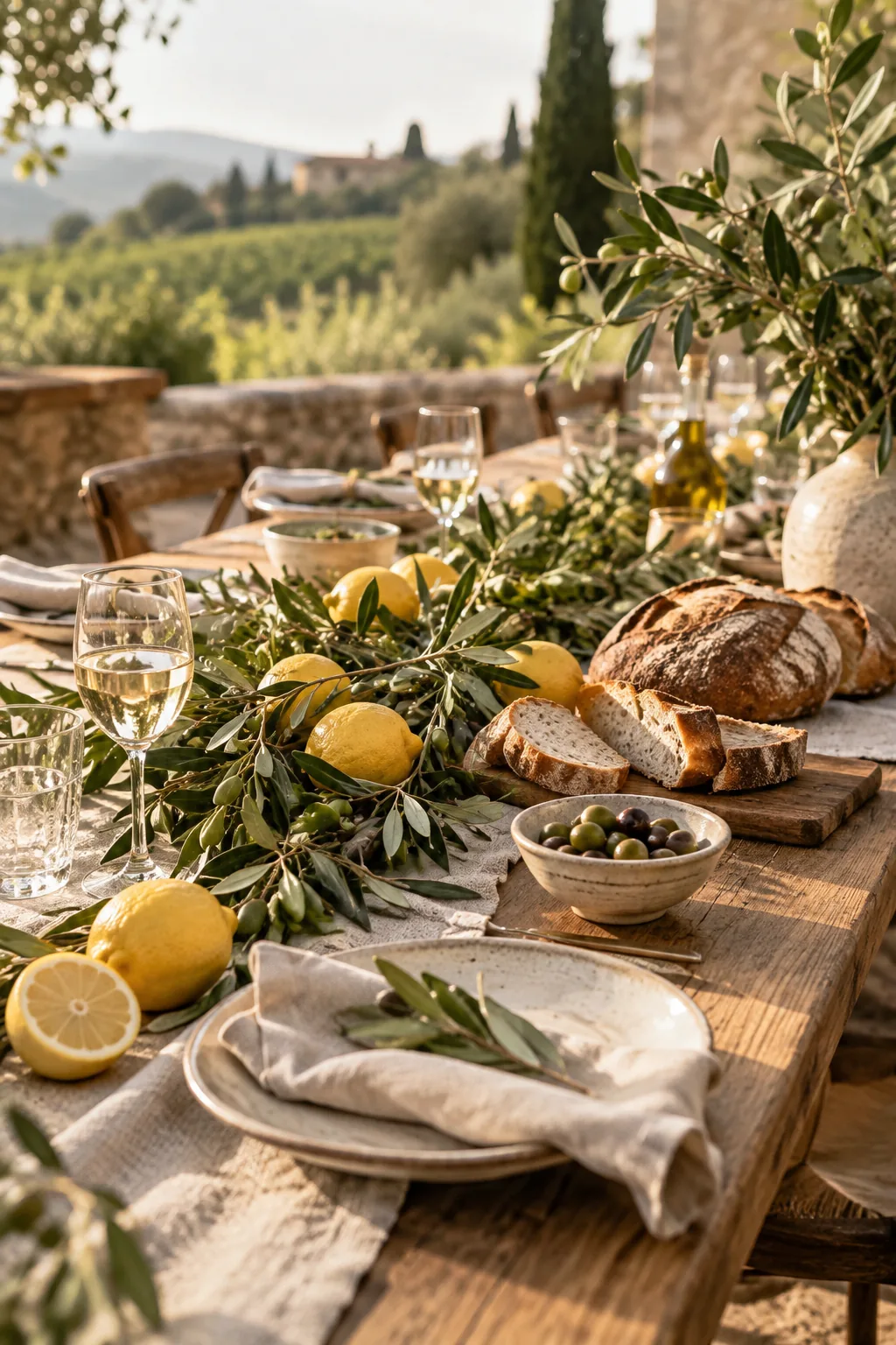Long wooden farm table lined with fresh olive branches and lemons