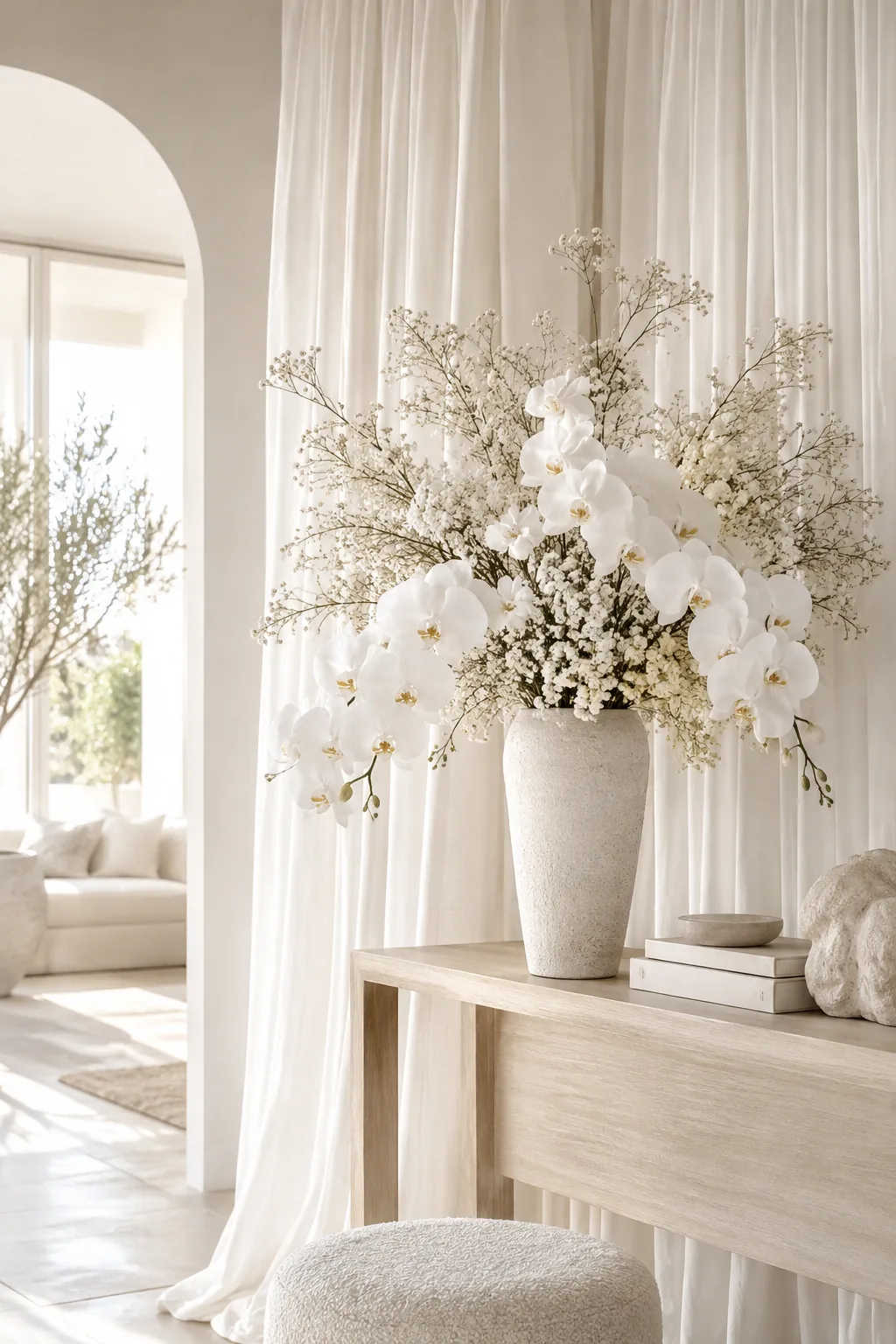 All-white wedding decor featuring white orchids and crisp linen drapery