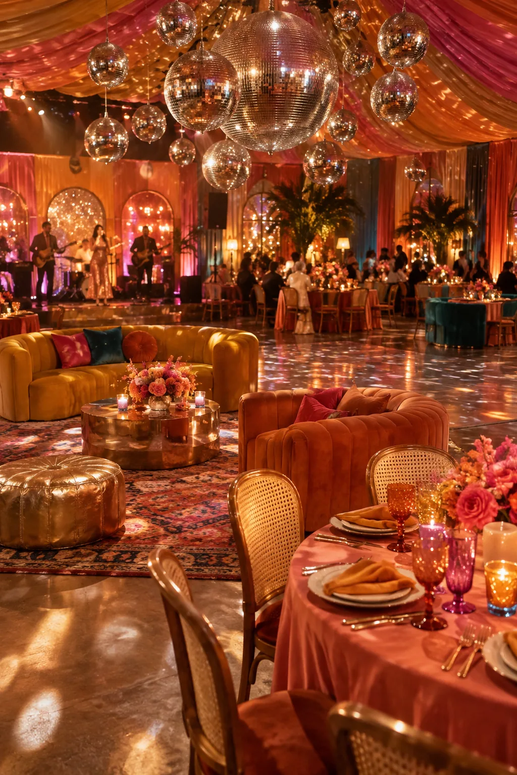 Cluster of different sized disco balls hanging above a dance floor