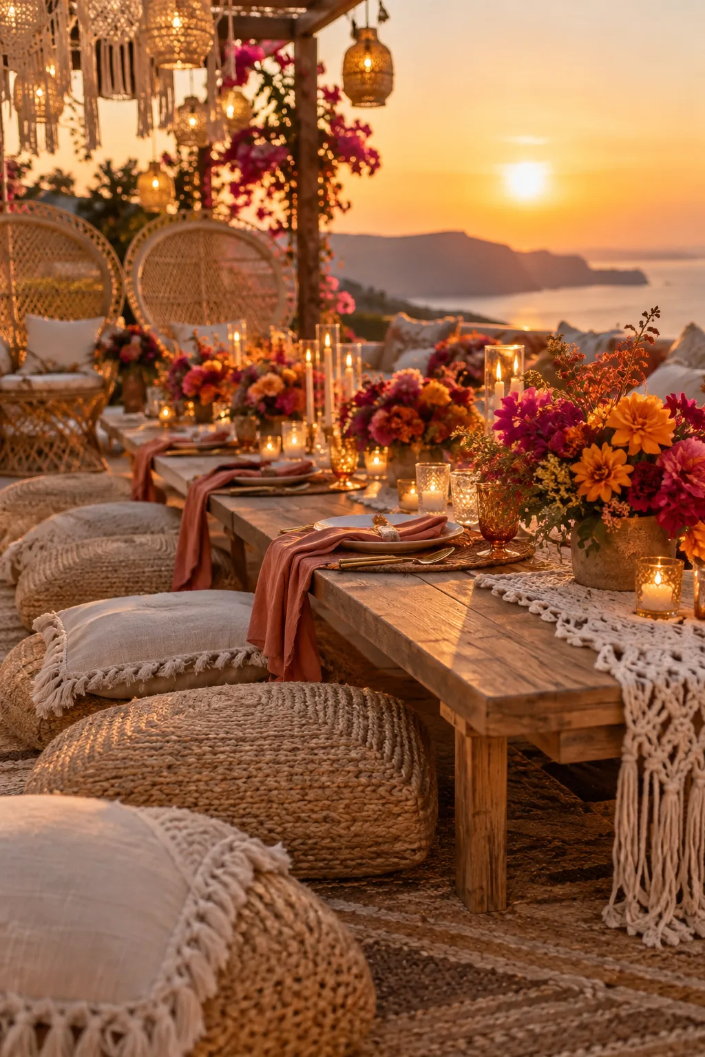 Macrame wedding backdrop with vibrant orange and magenta florals