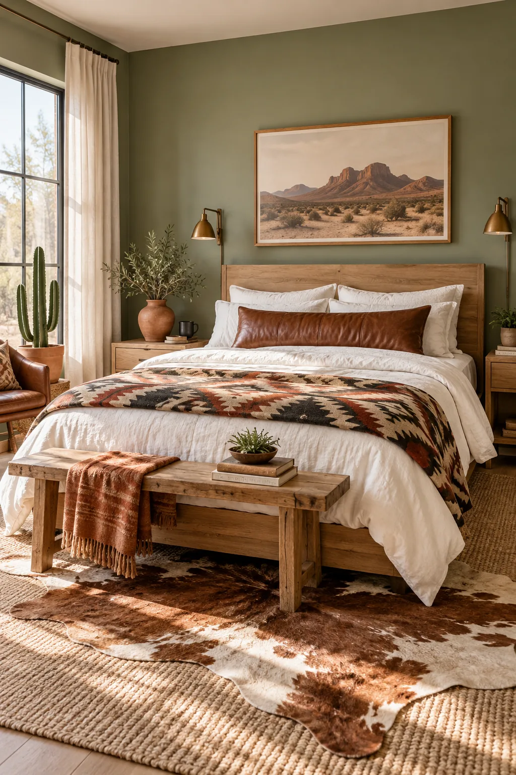 A minimalist bedroom with sage green walls, terracotta accents, and light oak furniture.