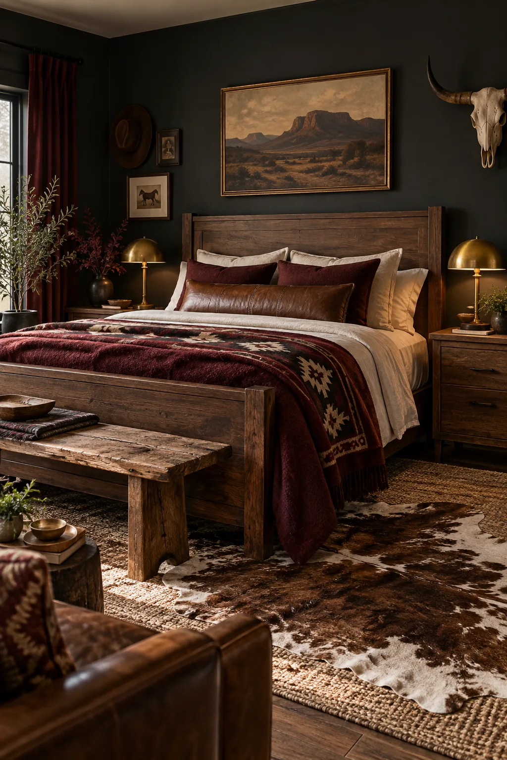 A moody bedroom with dark charcoal walls, walnut furniture, and a burgundy blanket.