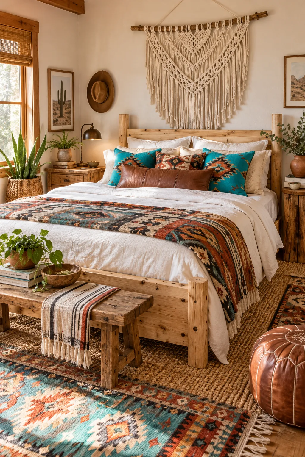 A boho bedroom with a macrame wall hanging, turquoise pillows, and knotty pine furniture.