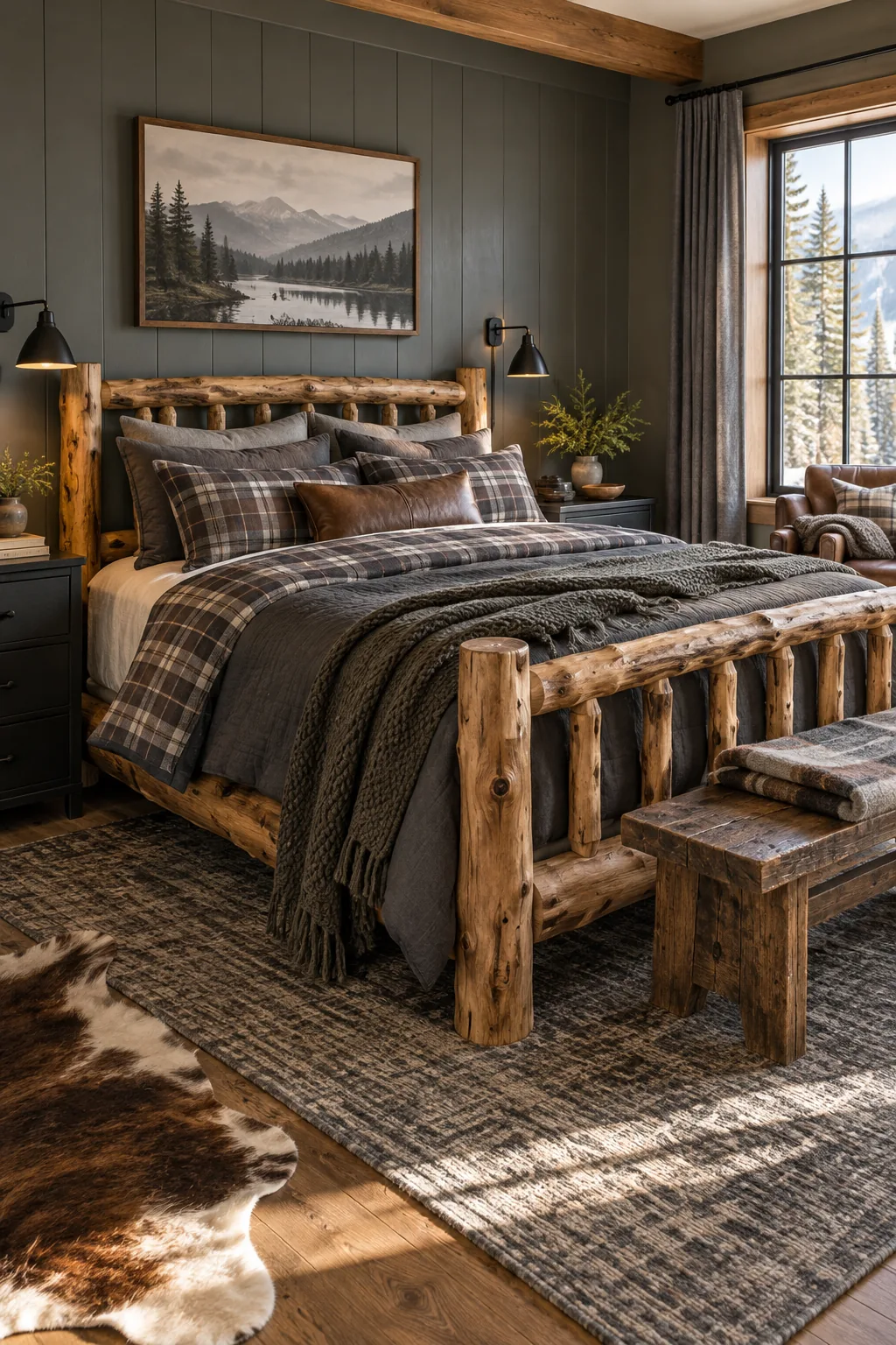 A cabin bedroom with a log bed frame, slate gray tones, and plaid flannel sheets.