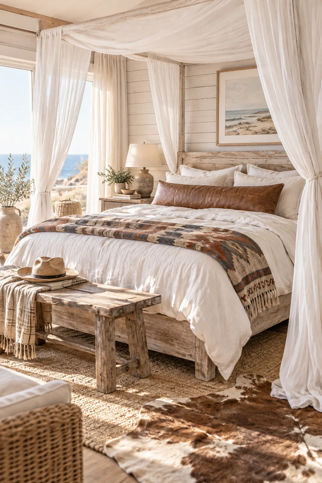 A light bedroom with white-washed walls, pale sand tones, and faded leather accents.