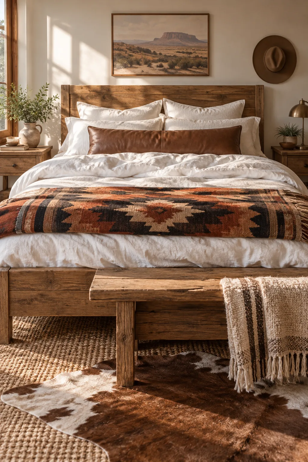 A full view of a styled bed showing white linen sheets, a patterned wool blanket, and a long leather pillow.