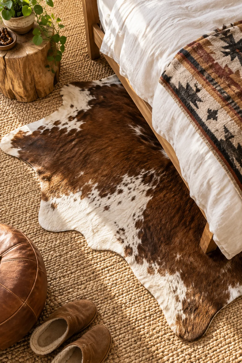 A brown and white cowhide rug placed at an angle under the wooden leg of a bed.