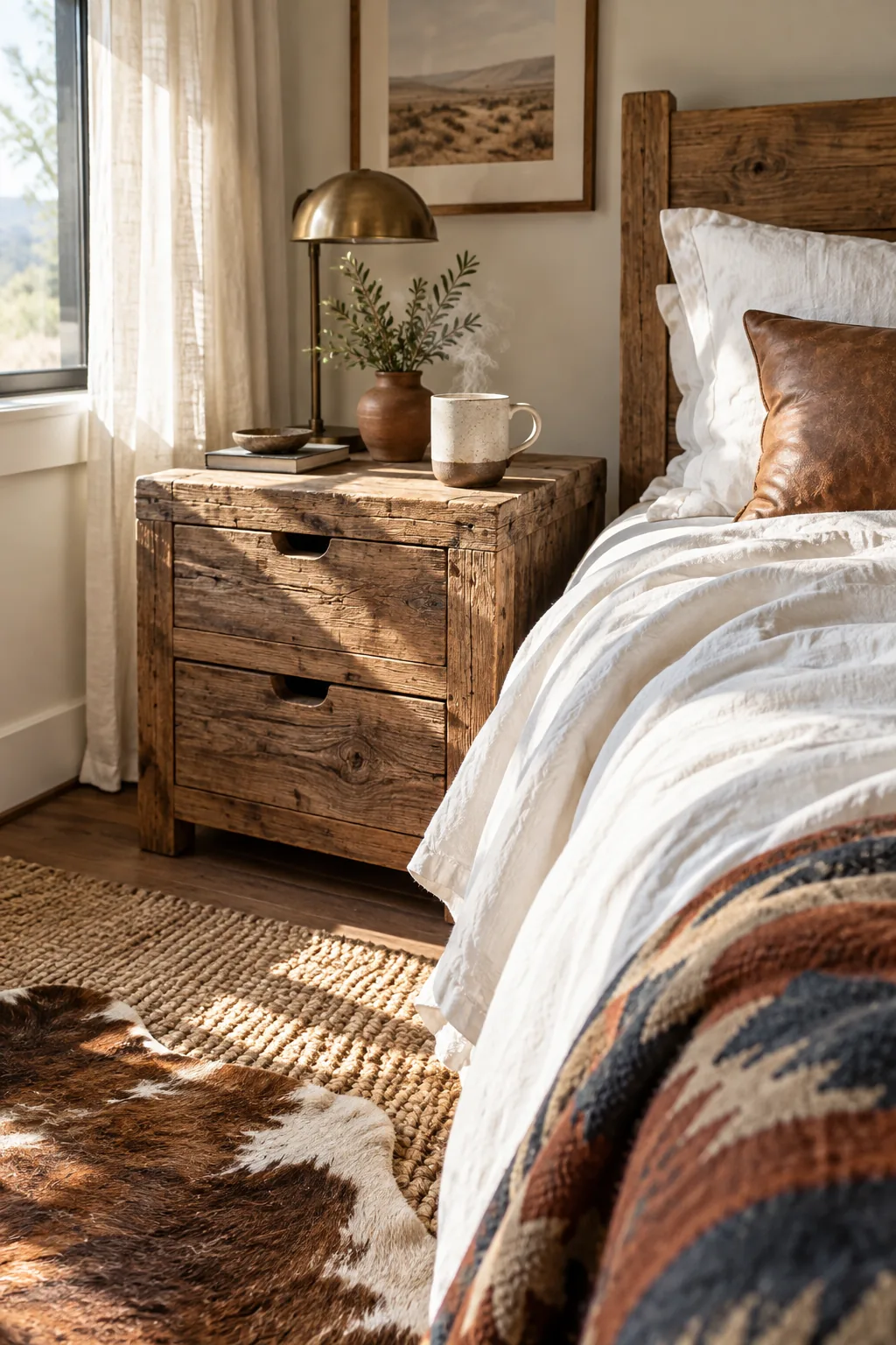A steaming mug of coffee sits on a rustic, unvarnished wooden nightstand next to a bed.