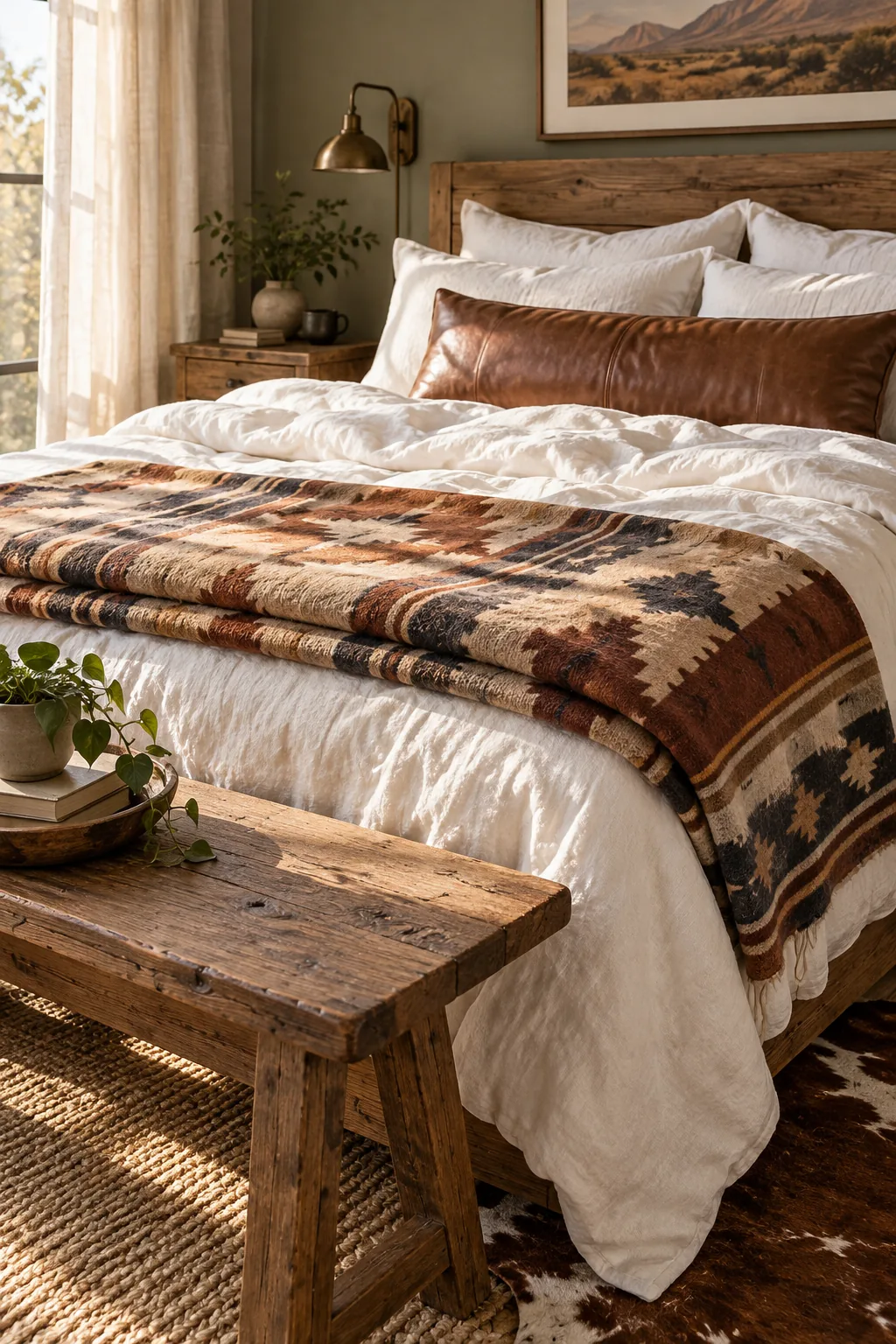 Close-up overhead view of rumpled, soft white linen sheets and a duvet.