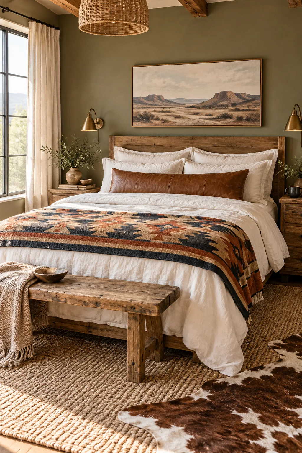 A folded wool blanket with a geometric pattern resting at the foot of a bed.