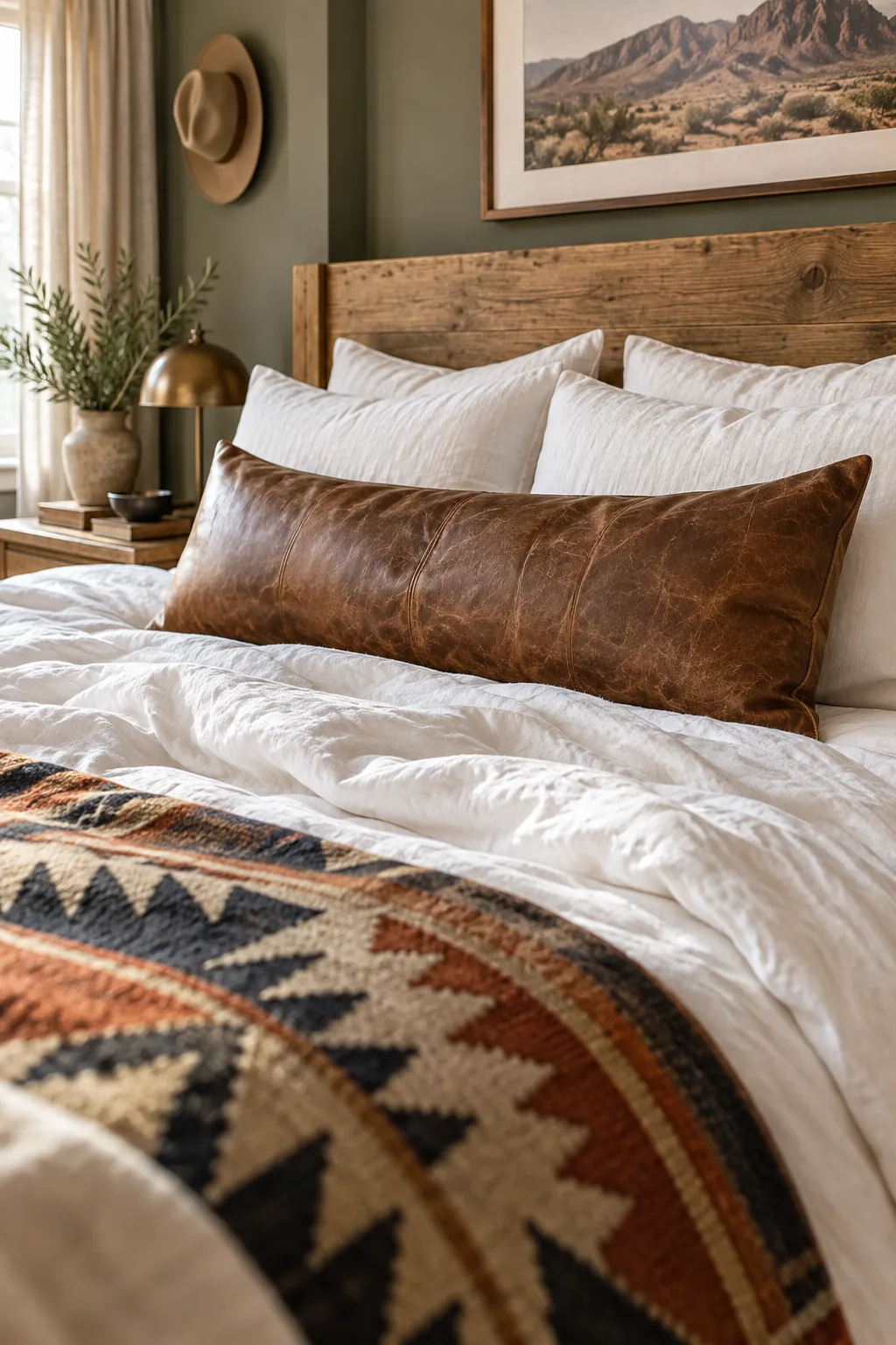 A long brown leather lumbar pillow centered against white pillows on a bed.