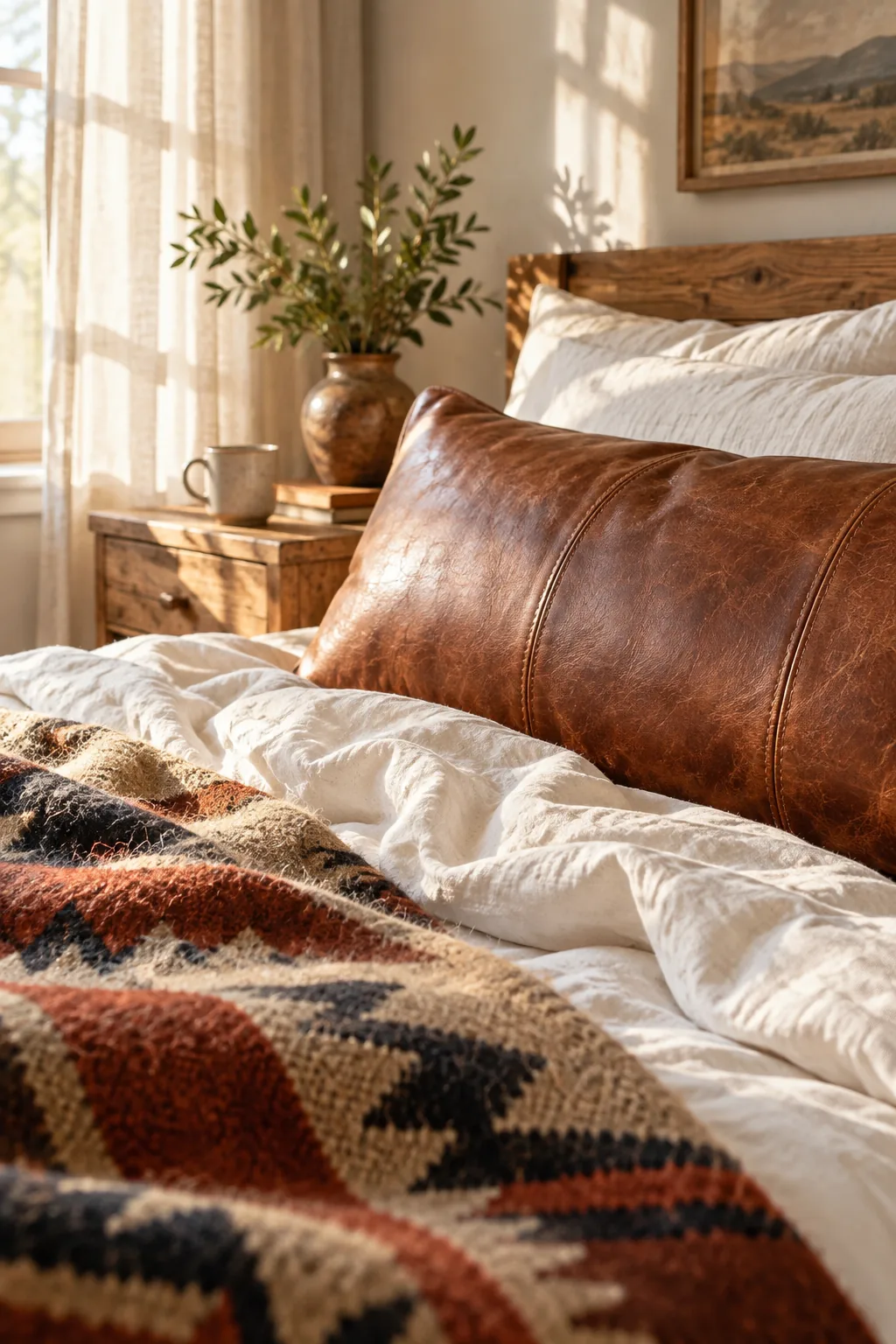 Close-up showing the textures of brown leather, white linen, and woven wool resting together.
