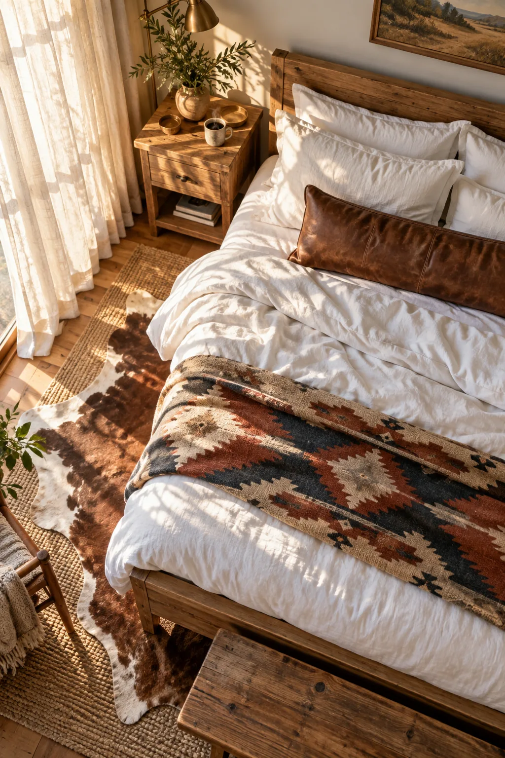 Sunlight streaming through sheer linen curtains onto a layered bed and wooden nightstand.