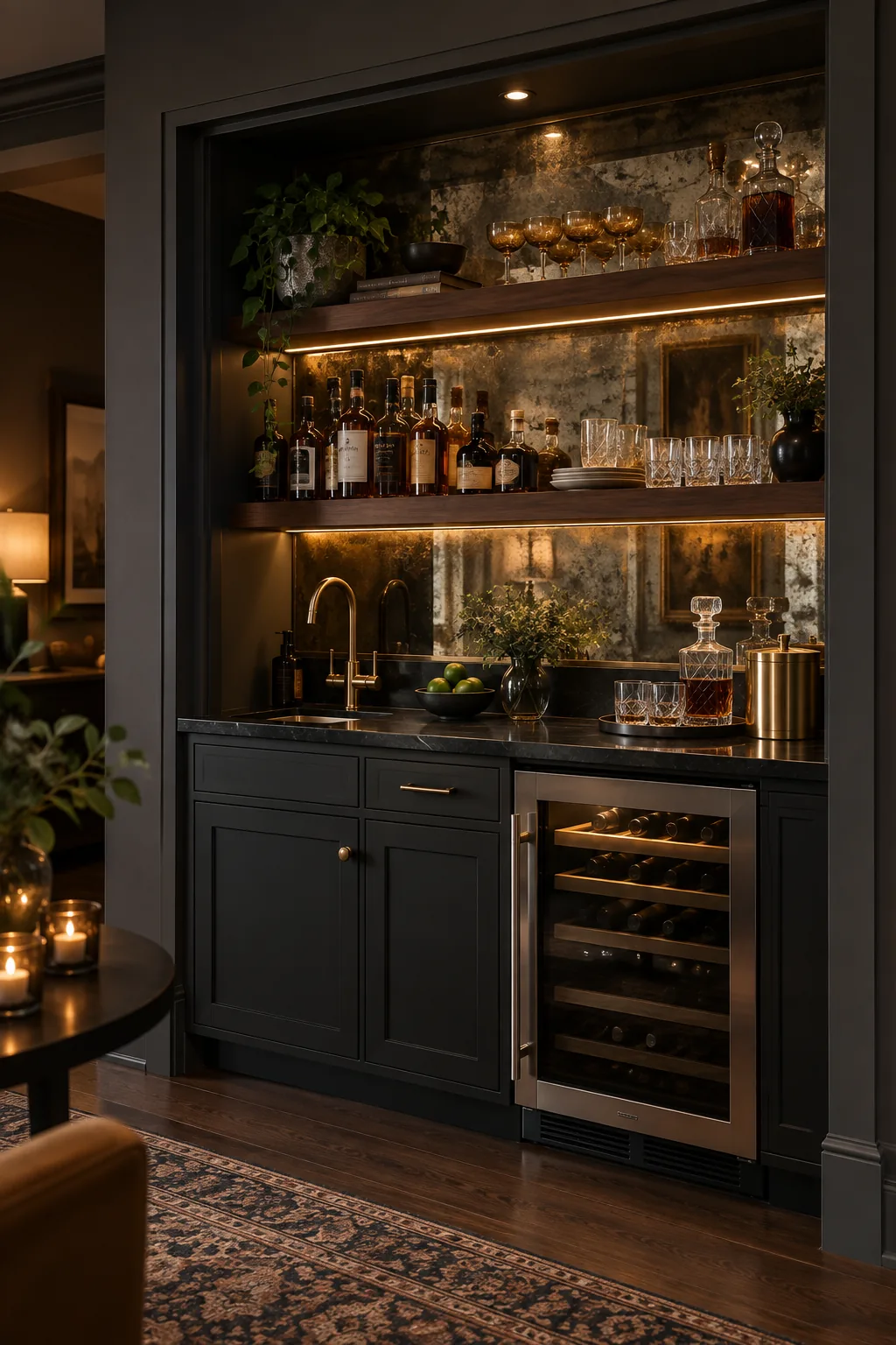 Moody wet bar with charcoal cabinets, walnut shelves, and an antique mirrored backsplash.