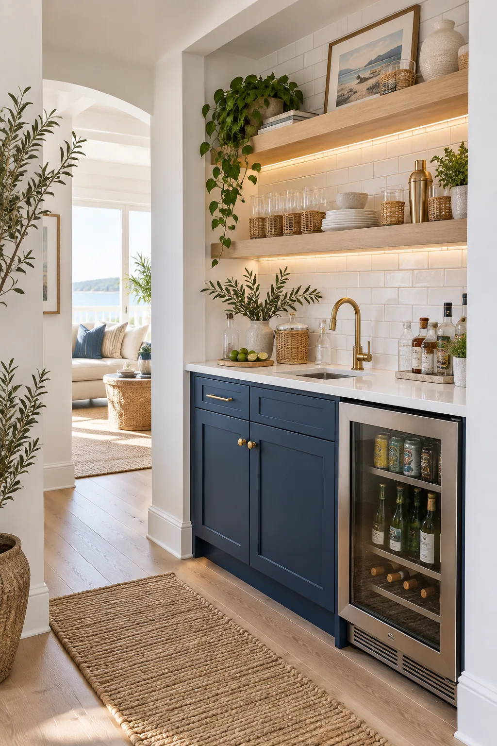 Coastal wet bar with navy blue cabinets, white oak shelves, and white subway tile.