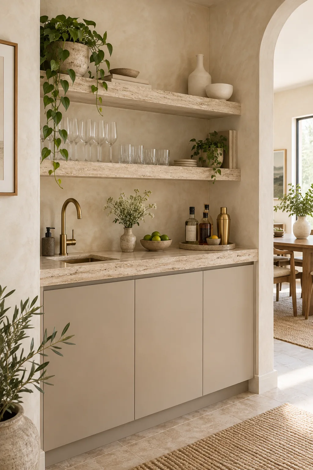 Minimalist wet bar with handleless mushroom cabinets, travertine counters, and plaster walls.
