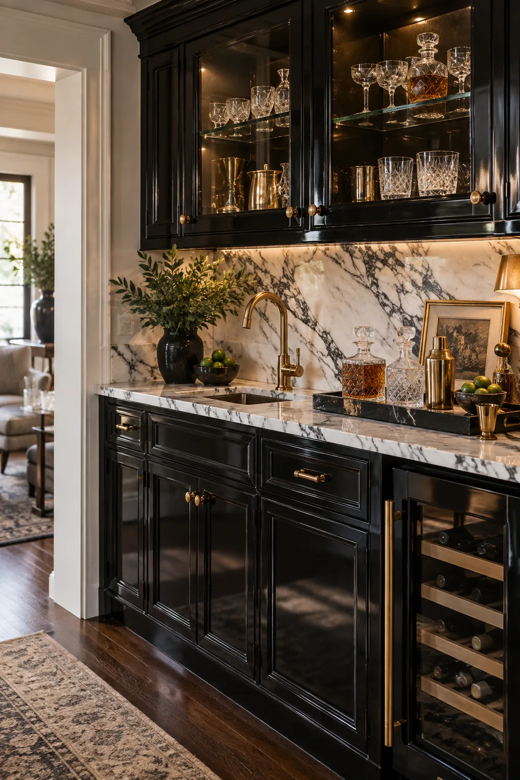 Classic wet bar with high-gloss black cabinets, Calacatta marble, and brass hardware.