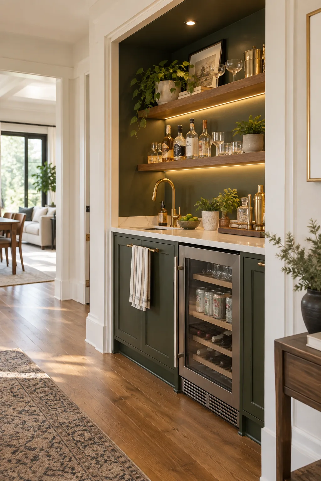 Hallway view of a dark green wet bar built into a former closet space with floating wood shelves.