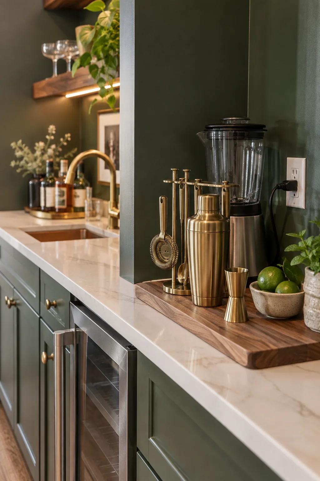 Deep brass undermount bar sink installed in a white quartz countertop with a brass faucet.