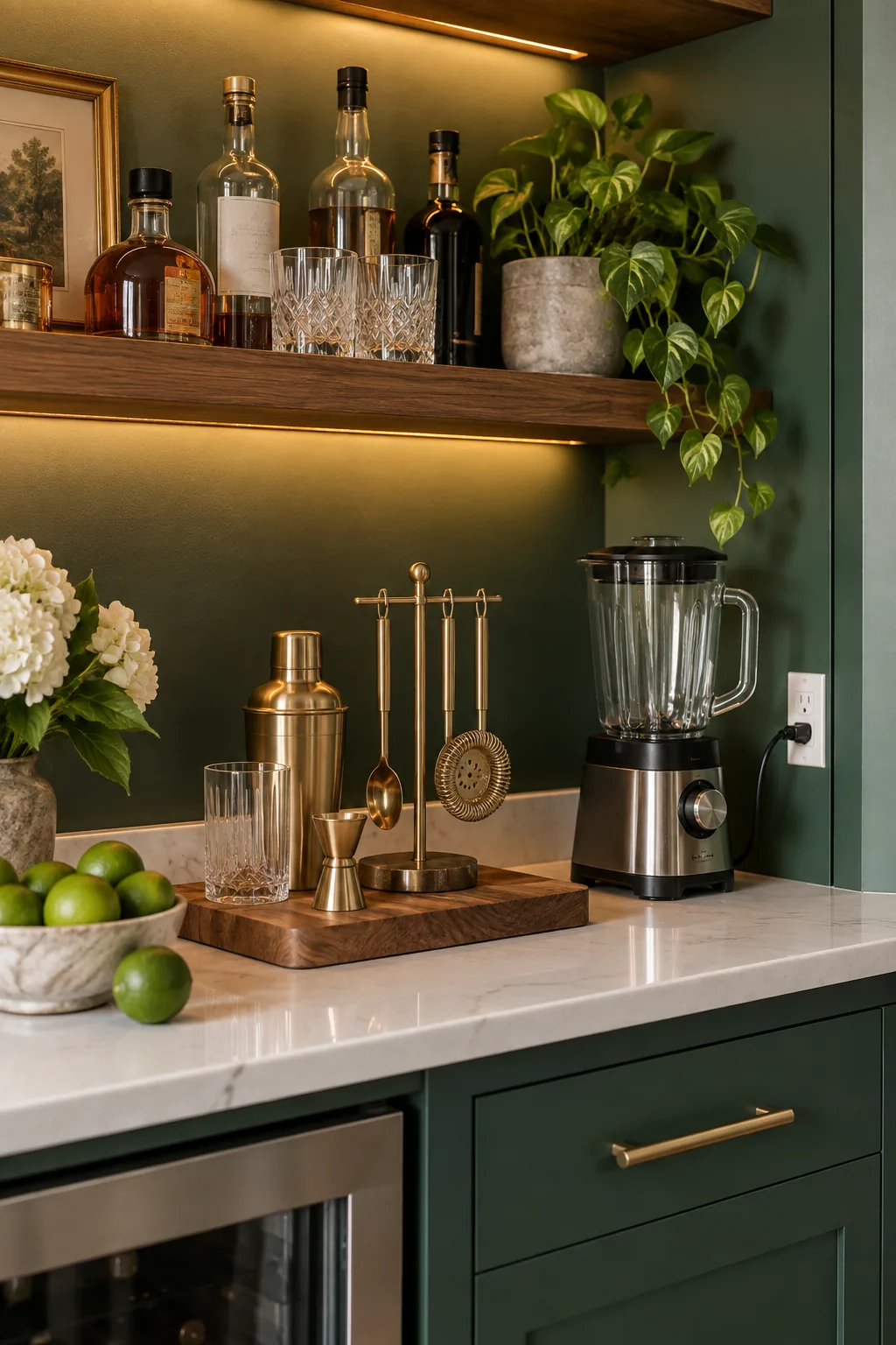 White electrical outlet installed sideways on the right cabinet wall above a quartz counter.