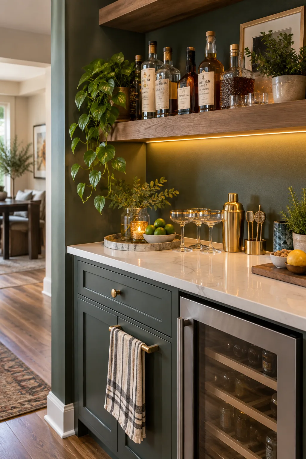 White quartz countertop and a floating wood shelf holding tall liquor bottles against a dark green wall.