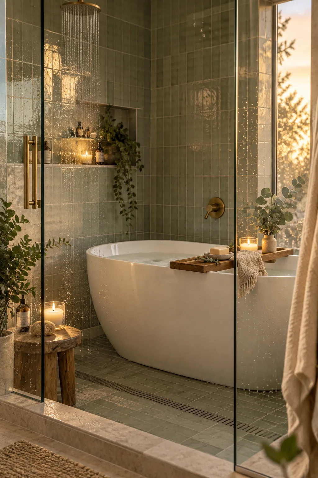 A modern wet room with a white freestanding tub placed directly inside a large glass-enclosed shower area