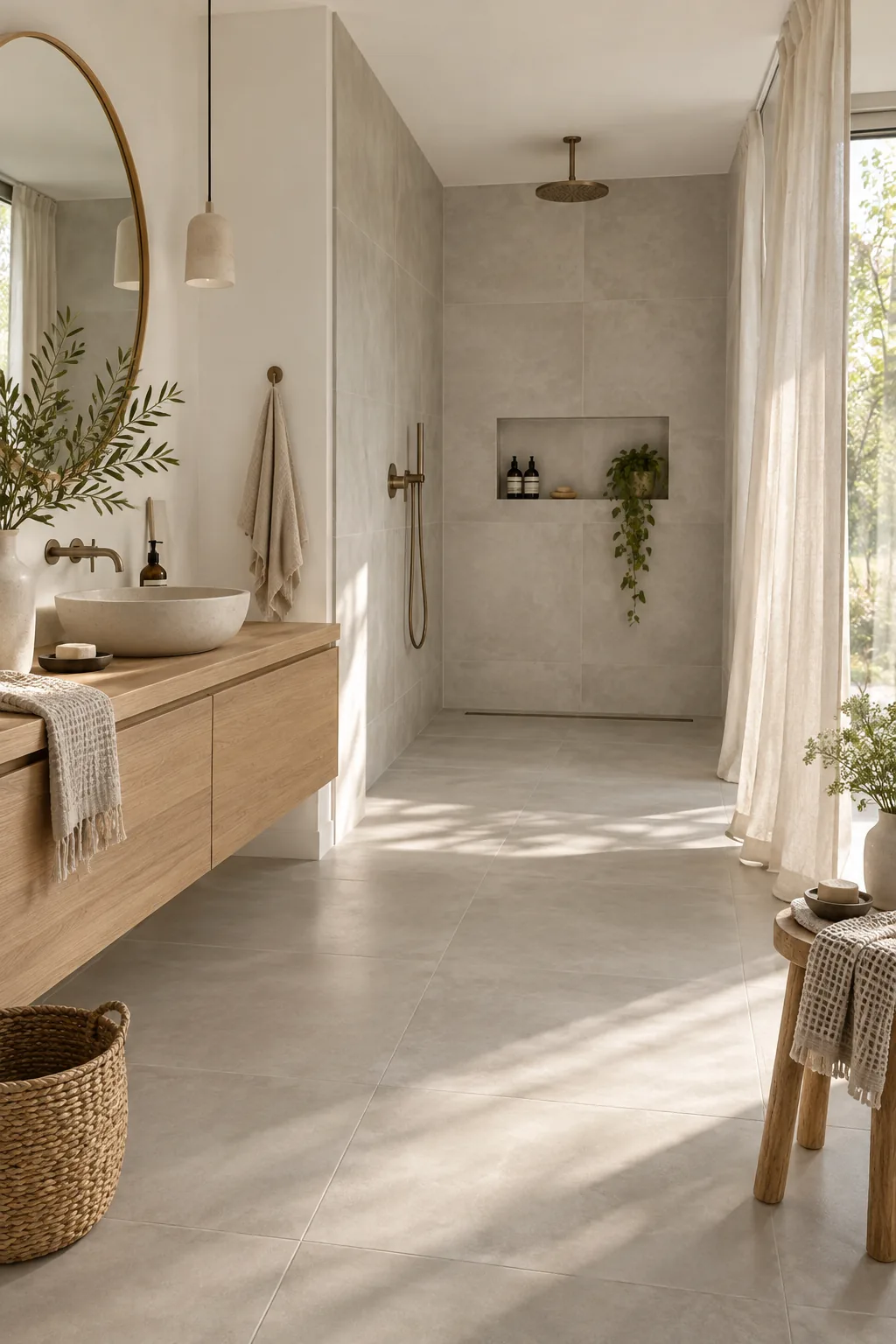 A seamless bathroom floor transitioning into a shower with no curb and a hidden linear drain