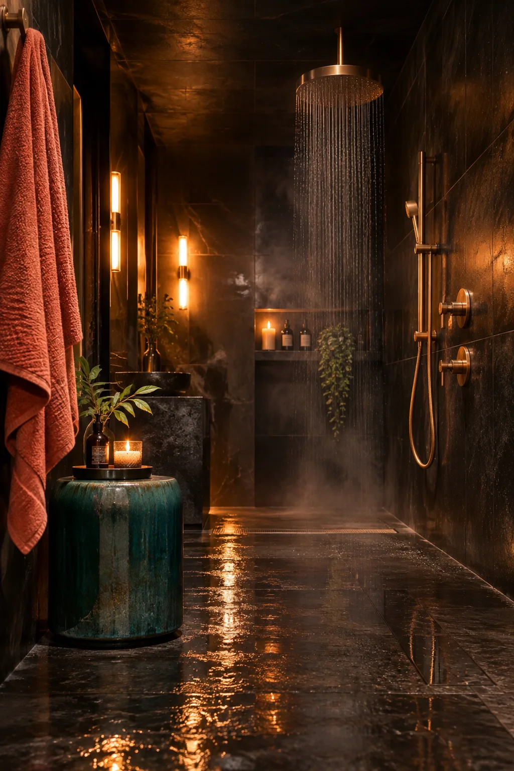 A wet room bathroom entirely tiled in dark matte black porcelain with warm LED lighting