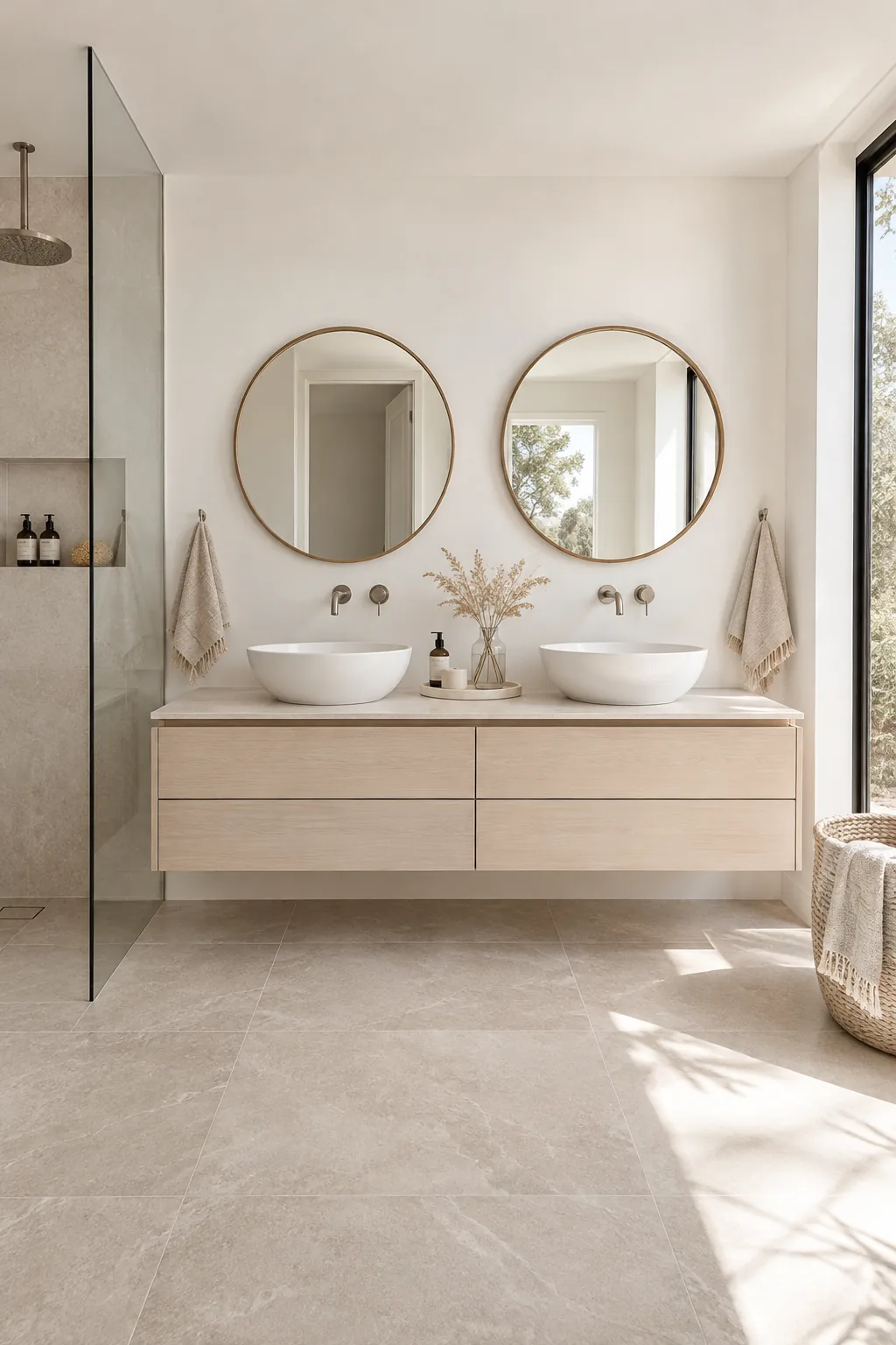 A large wood floating vanity mounted to a tiled wall in a wet room bathroom