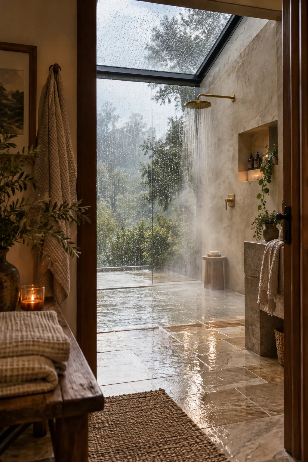 A large rectangular skylight positioned directly above a rainfall shower head in a bright bathroom