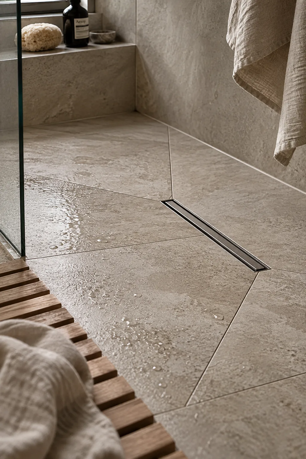 Large format floor tiles with a geometric envelope cut sloping toward a square center drain