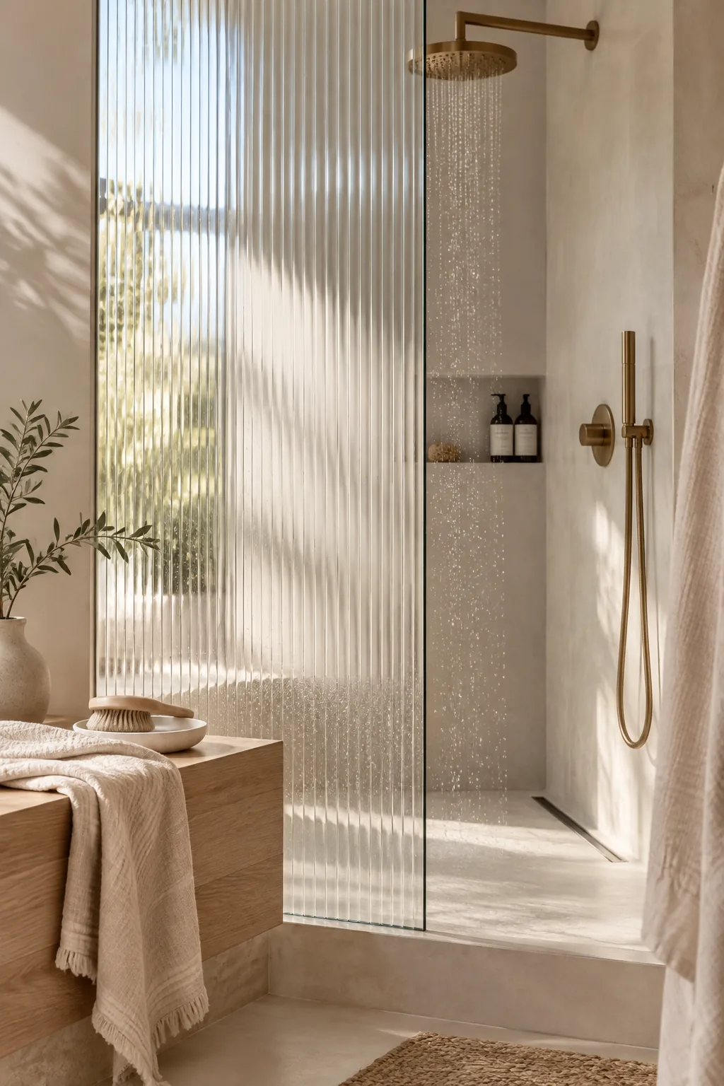A large fluted glass panel separating a shower zone from the rest of a modern bathroom